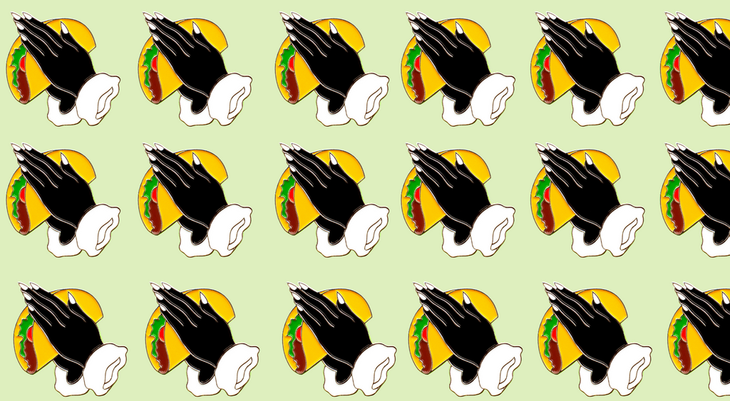 enamel pins with praying hands holding tacos