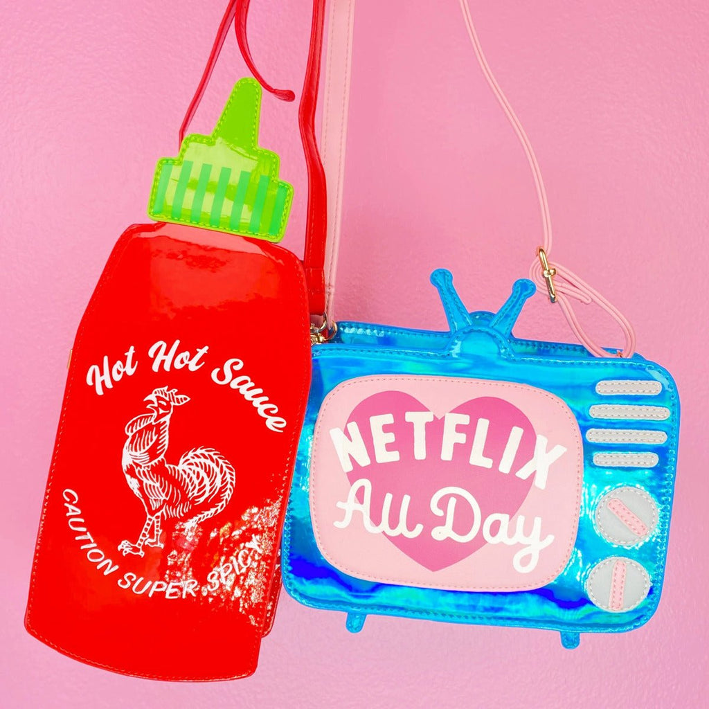 netflix all day pink and blue tv shaped novelty bag