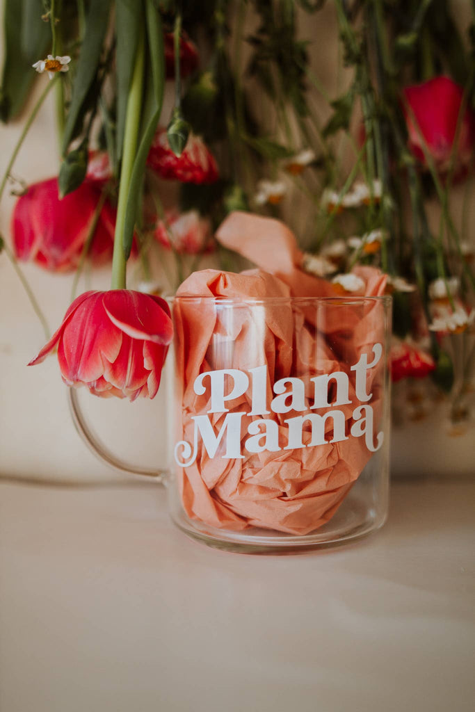 glass mug with plant mama on it in white letters 