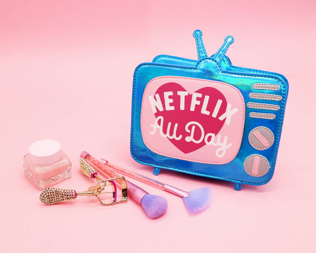 netflix all day pink and blue tv shaped novelty bag