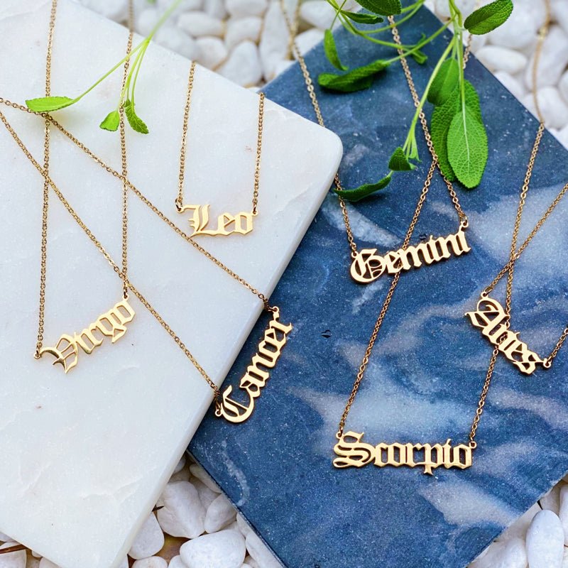 gold old english zodiac sign necklace