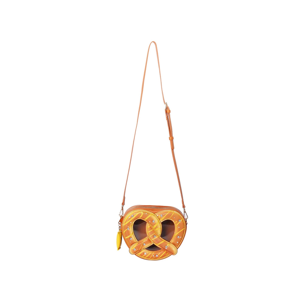 Pretzel-shaped handbag on a white background
