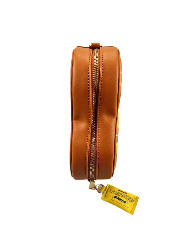 Brown pretzel shaped bag with gold zipper on a white background