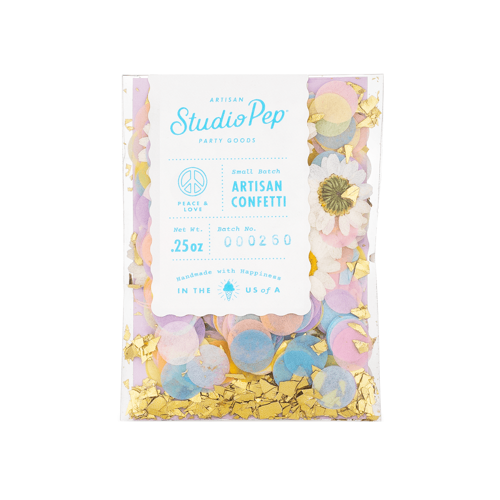 pink blue orange and yellow confetti with gold flakes and dried daisies