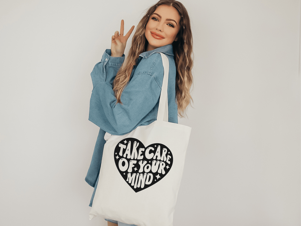 Take Care of Your Mind Retro Heart Tote Bag, Be Kind to Your Mind, Motivational, Mental Health, Be Kind, Positive