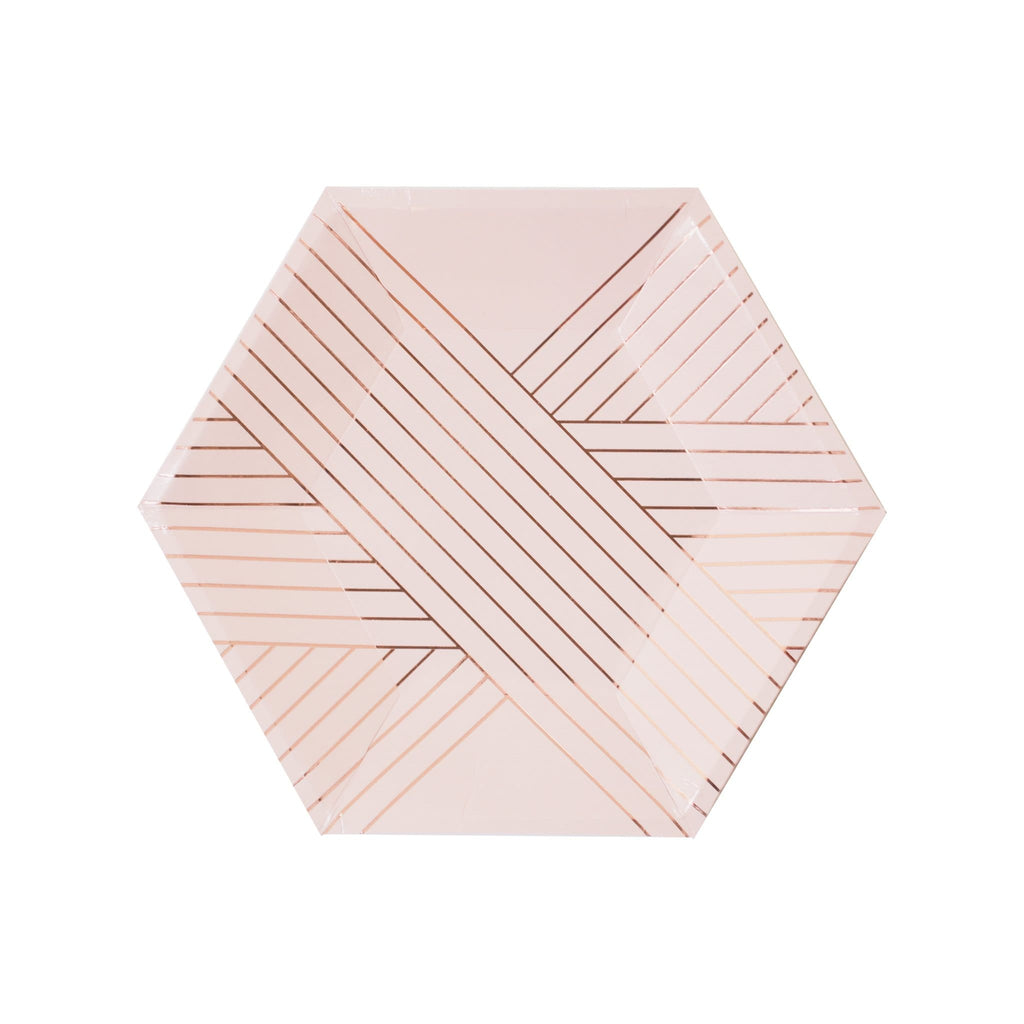 pink and rose gold hexagon paper plates for birthday parties, baby showers, and bridal showers