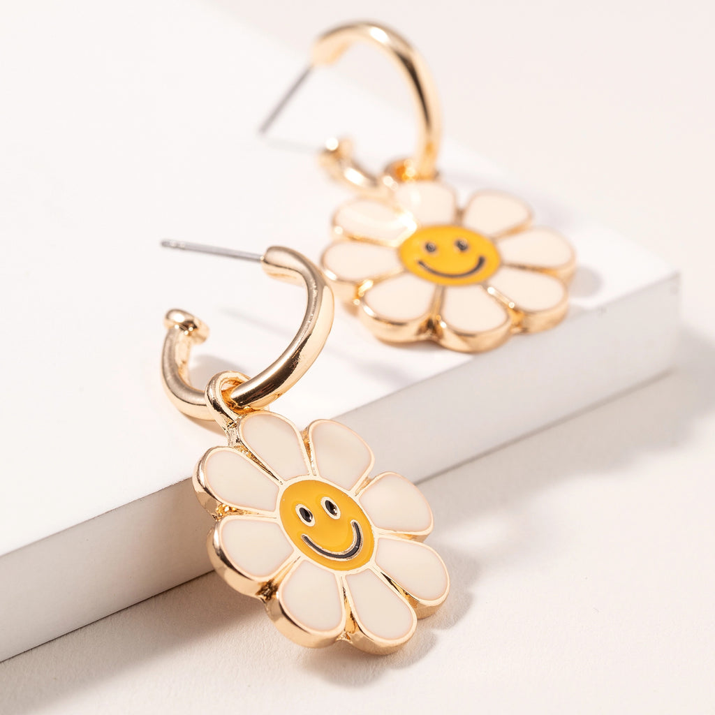 Flower shaped smiley face dangling earrings fun and unique birthday gift idea for women