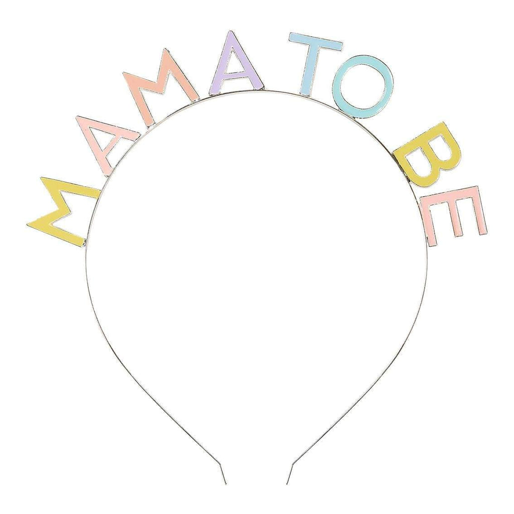 gold pastel yellow blue and pink metal mama to be headband for baby showers and gender reveal parties