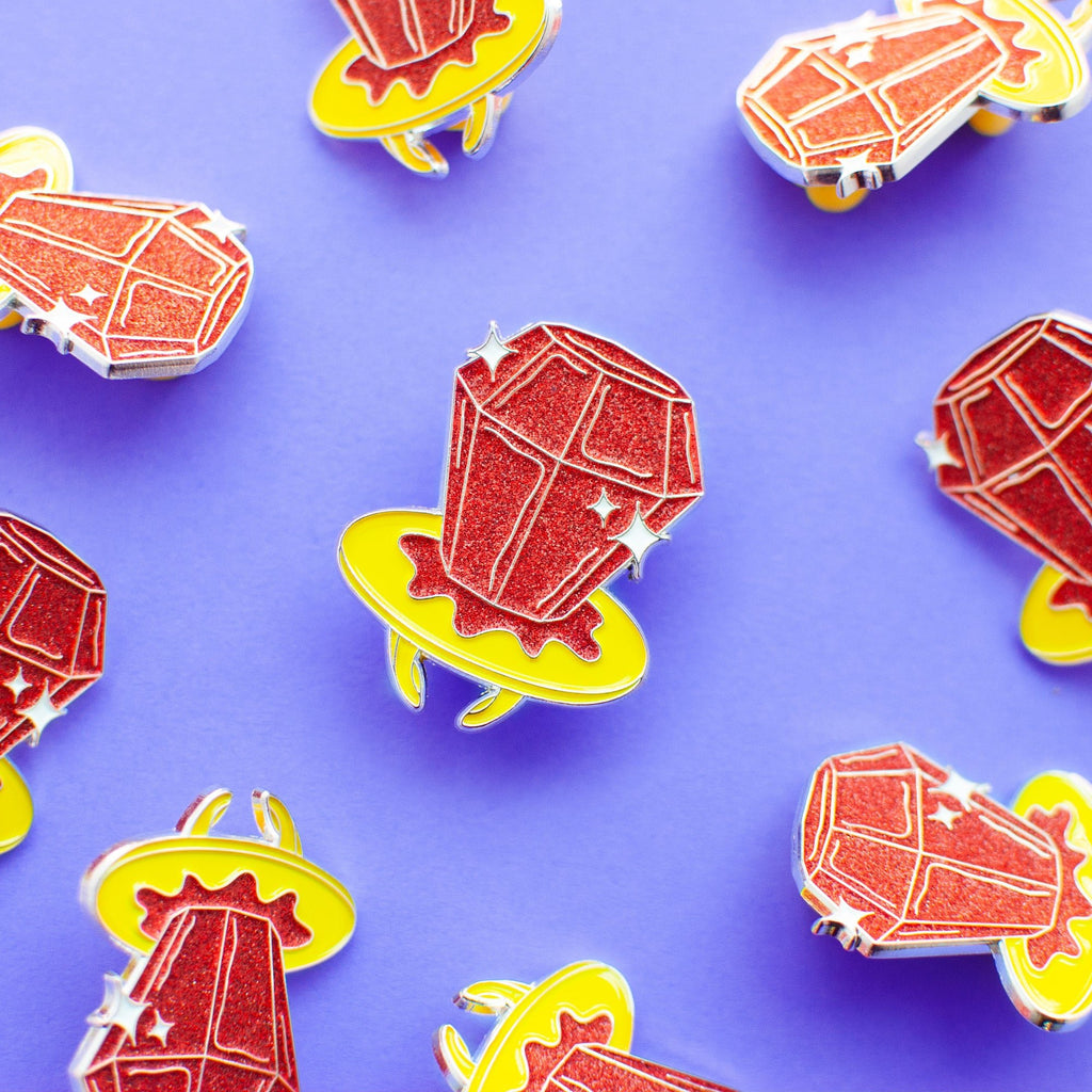 red glitter ring pop enamel pin