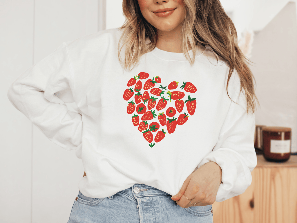 Strawberry Heart Sweatshirt, Strawberry Top, Strawberry Print, Kawaii Sweatshirt, Aesthetic Clothing